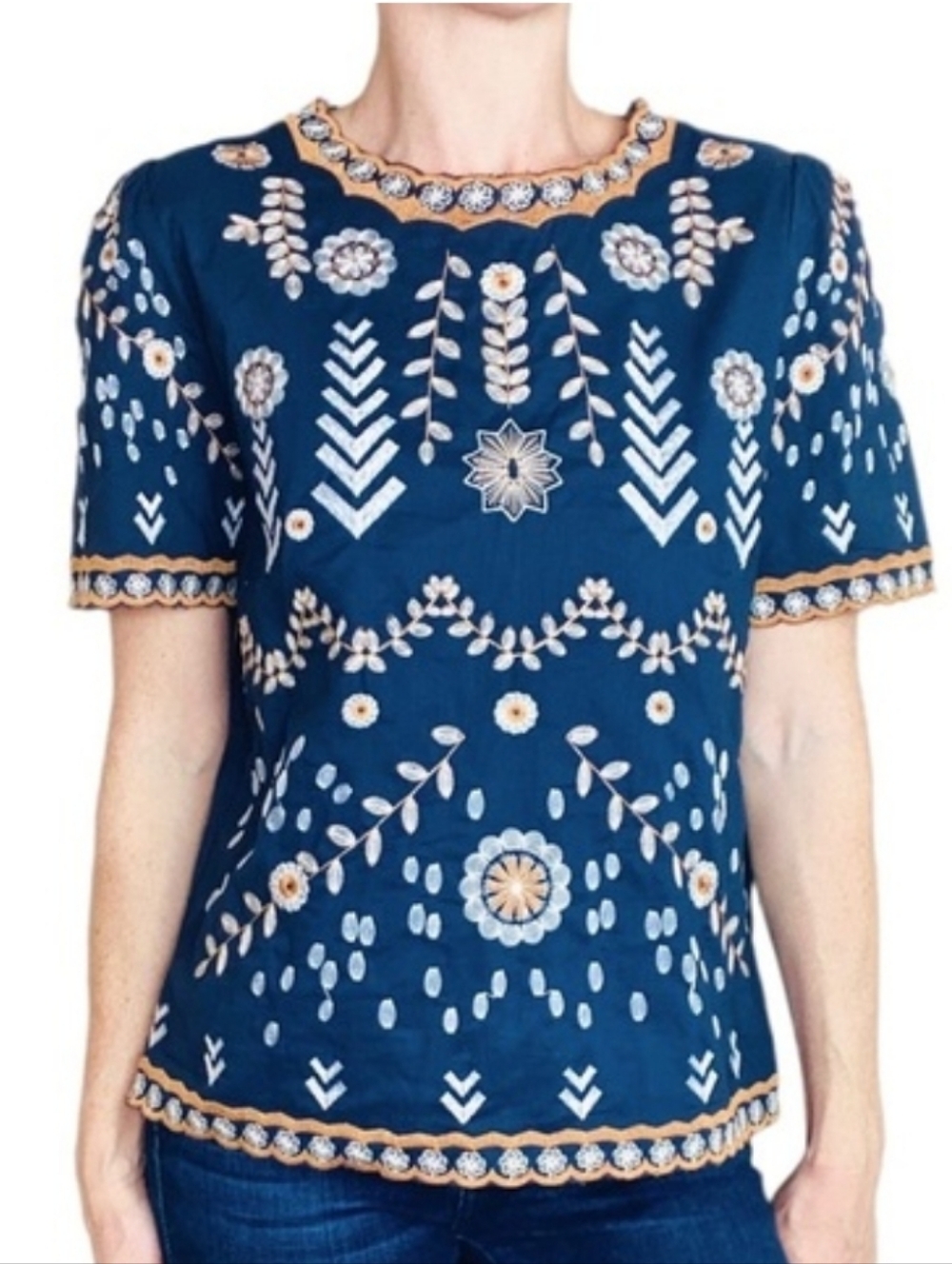 Main Strip Cotton Navy Embroidered Short Sleeve Top - Floral Pattern